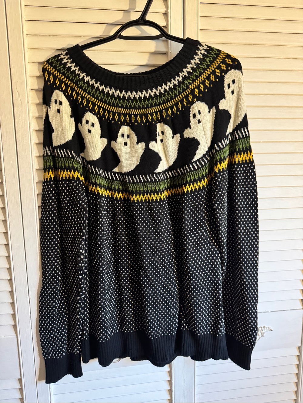 Modcloth Black Crewneck Sweater with White Ghost Motif and Yellow/Green Accents